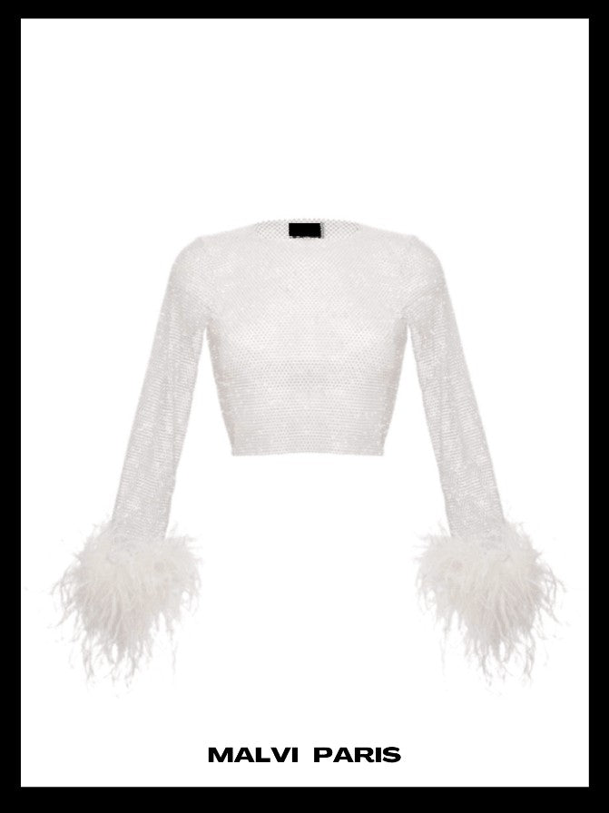 Alicia White Rhinestone Crop Top with Feather Cuffs