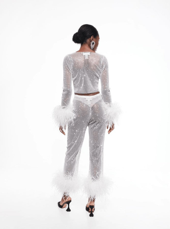 Alicia White Rhinestone Crop Top with Feather Cuffs