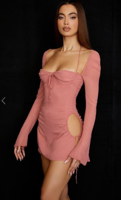 Baby Pink Chiffon Cutout Halter Mini Dress