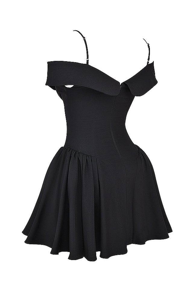 Elida Black Off-Shoulder Corseted Mini Dress