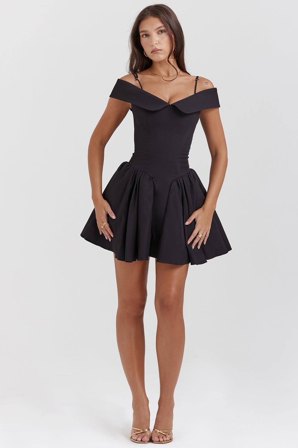 Elida Black Off-Shoulder Corseted Mini Dress