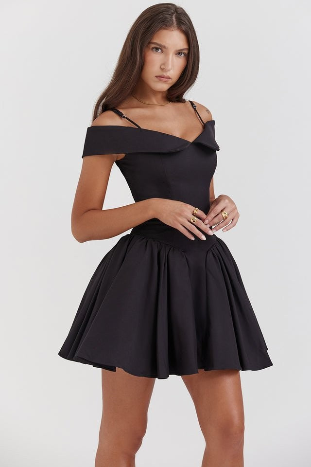 Elida Black Off-Shoulder Corseted Mini Dress