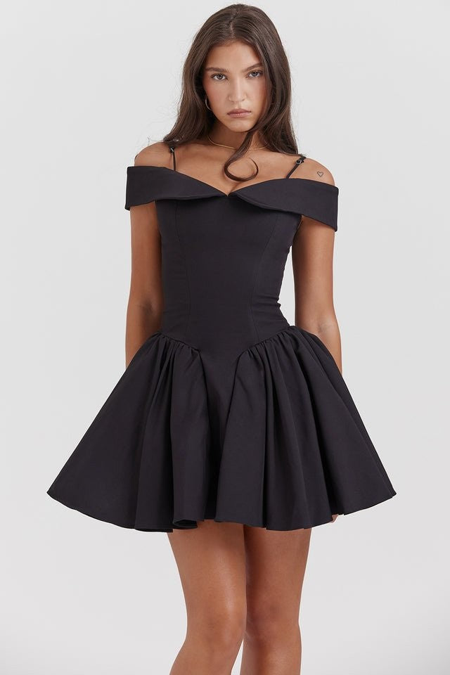Elida Black Off-Shoulder Corseted Mini Dress
