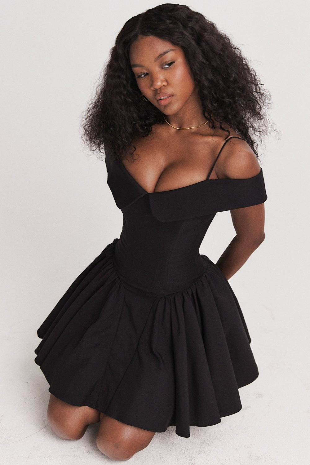 Elida Black Off-Shoulder Corseted Mini Dress