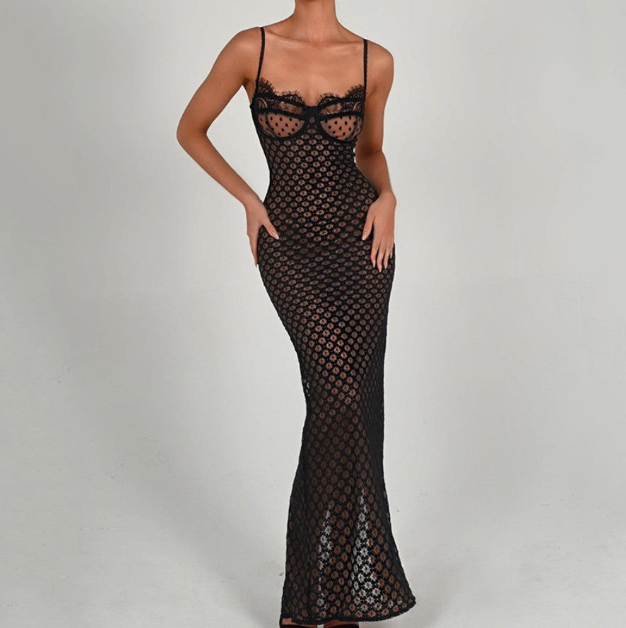 Freya Black Lace Mesh Maxi Dress