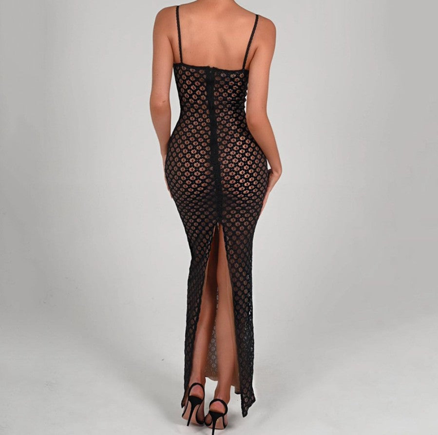 Freya Black Lace Mesh Maxi Dress