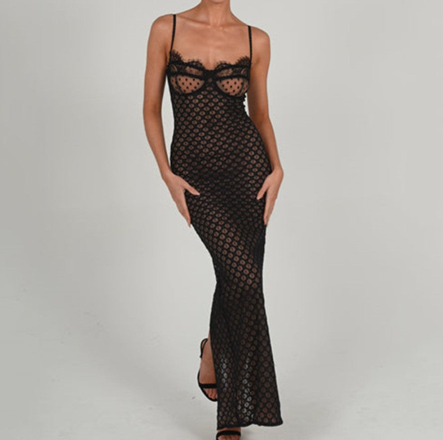 Freya Black Lace Mesh Maxi Dress