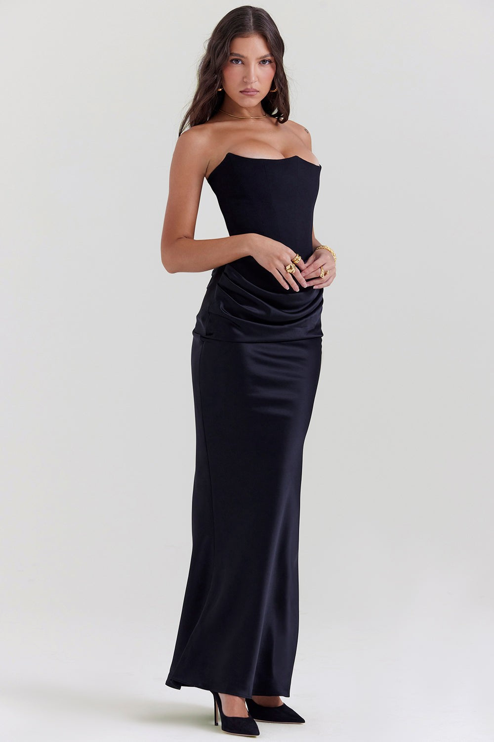 Persephone Black Strapless Corset Maxi Dress
