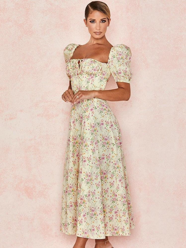 Tallulah Yellow Lemon Floral Puff-Sleeve Sundress