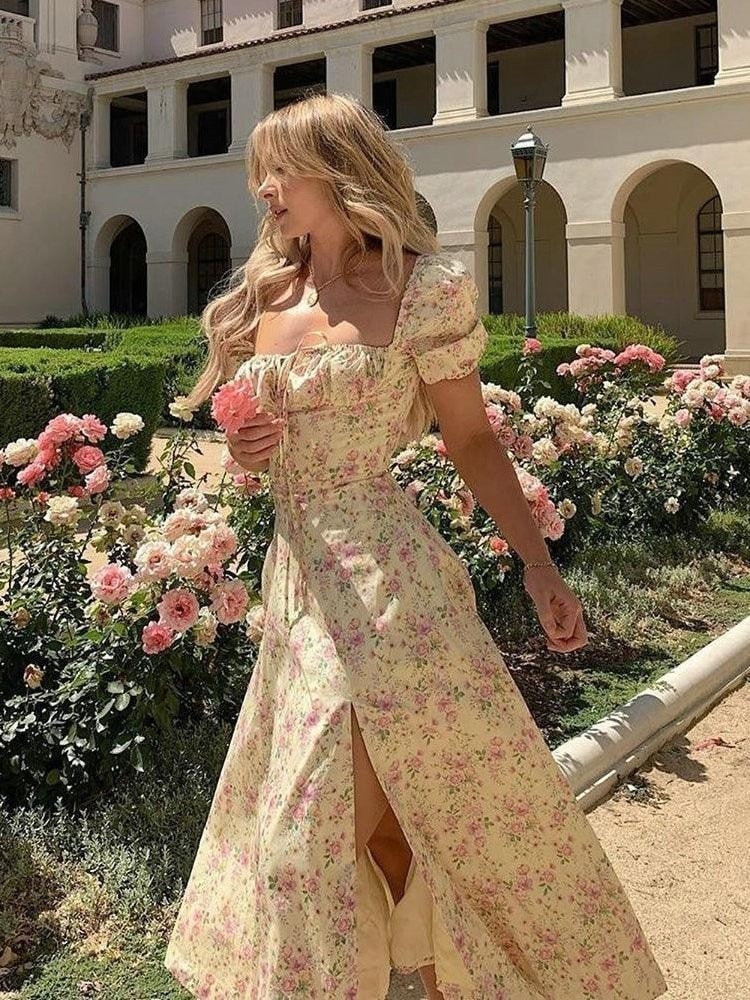 Tallulah Yellow Lemon Floral Puff-Sleeve Sundress