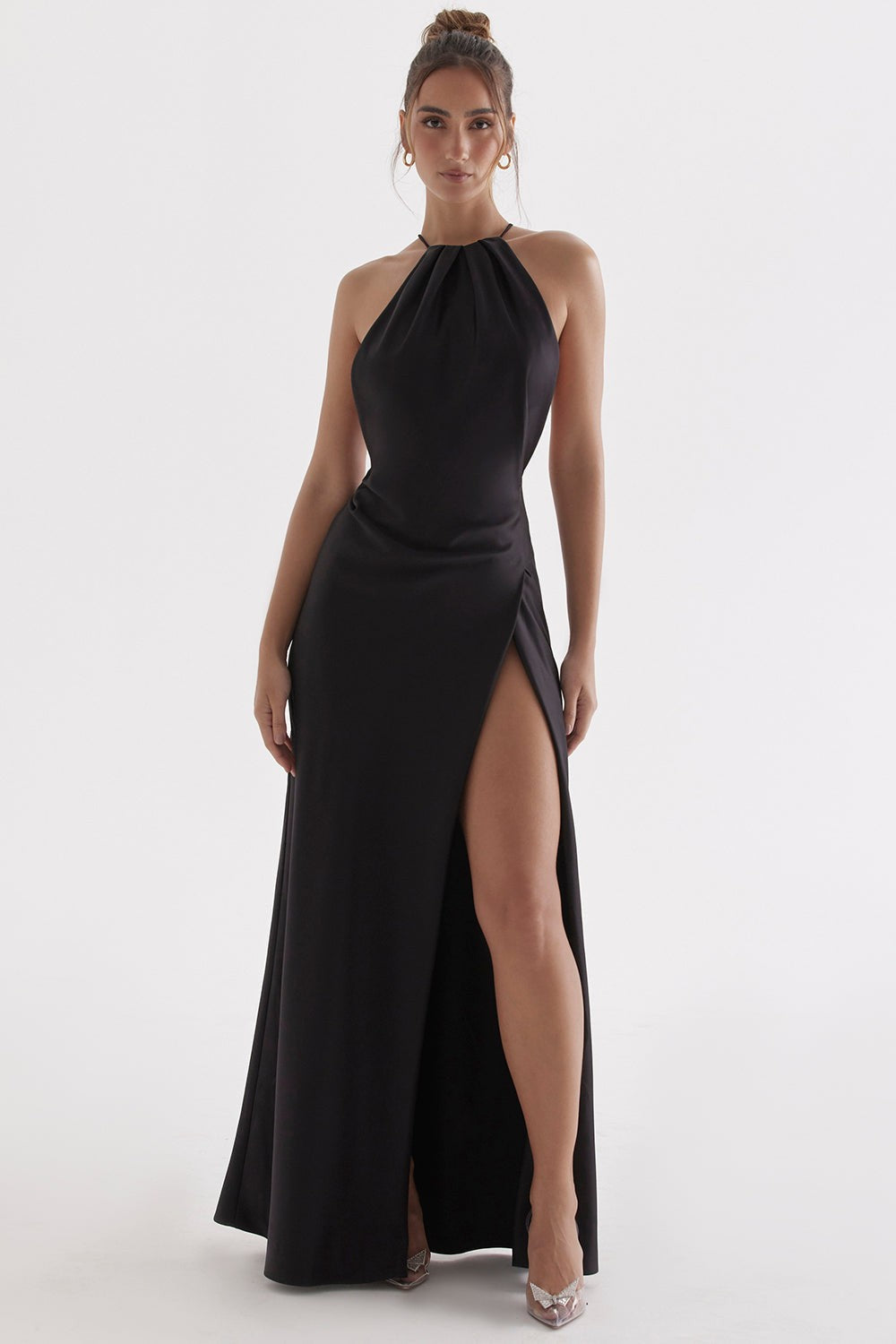 Zanab Black Asymmetric Thigh-Slit Maxi Dress