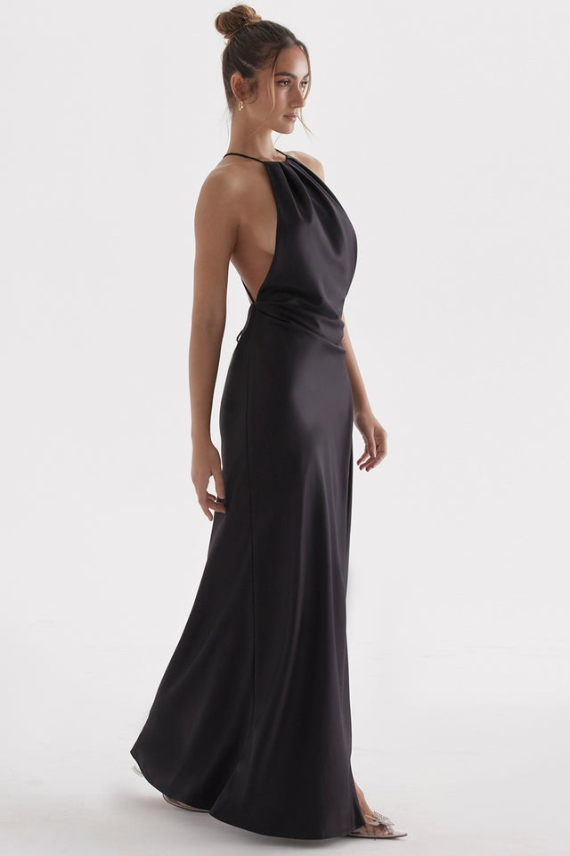 Zanab Black Asymmetric Thigh-Slit Maxi Dress