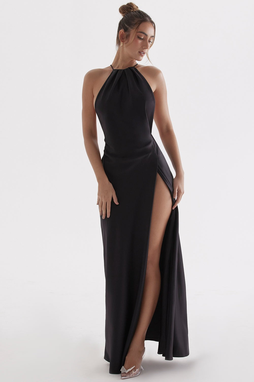 Zanab Black Asymmetric Thigh-Slit Maxi Dress