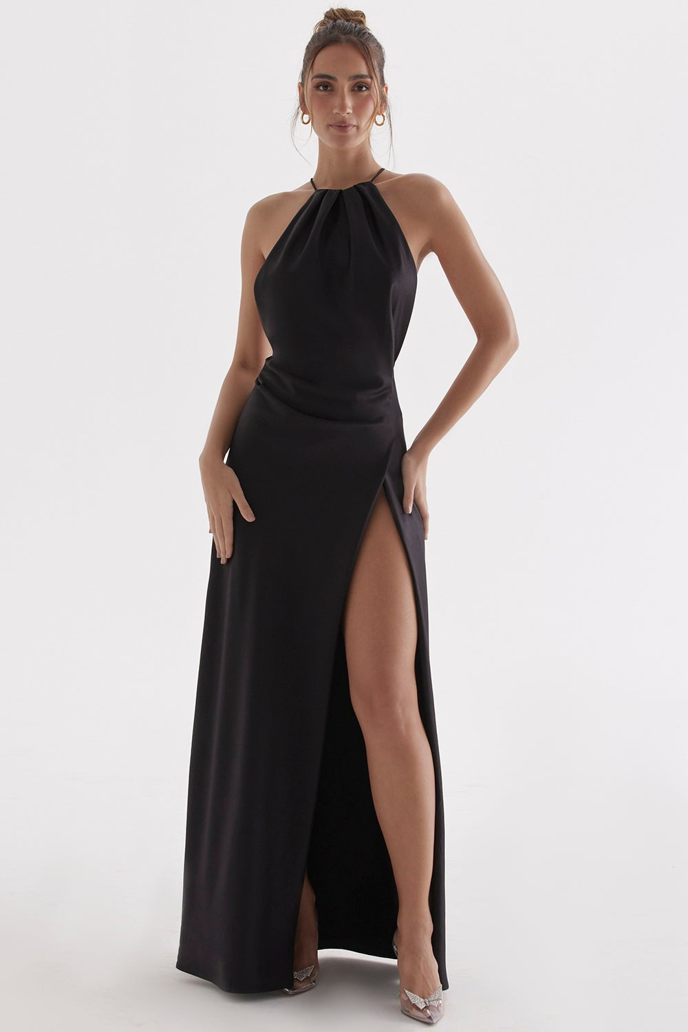 Zanab Black Asymmetric Thigh-Slit Maxi Dress