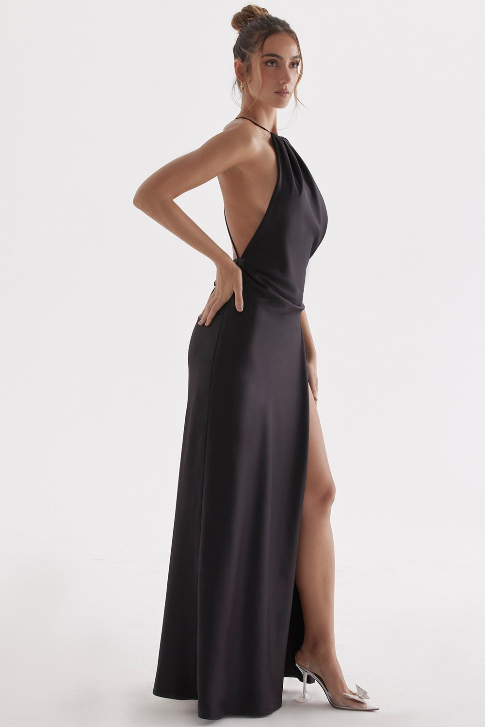 Zanab Black Asymmetric Thigh-Slit Maxi Dress