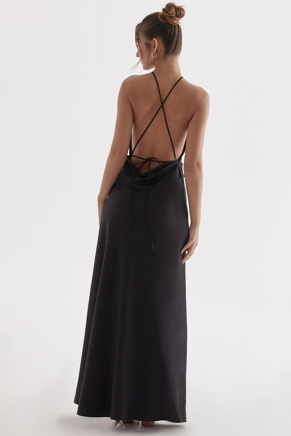 Zanab Black Asymmetric Thigh-Slit Maxi Dress