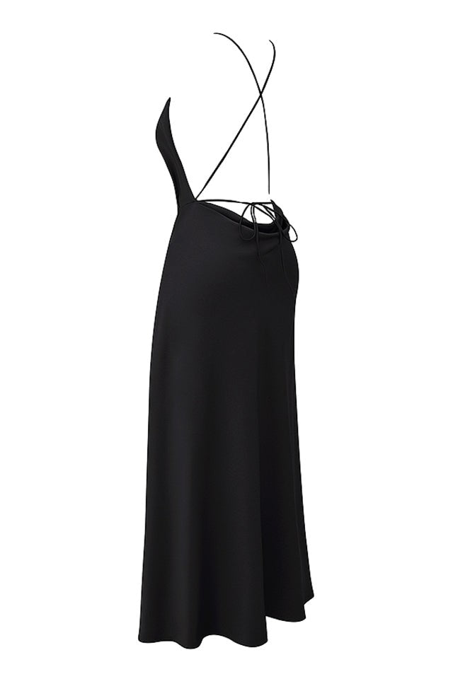 Zanab Black Asymmetric Thigh-Slit Maxi Dress